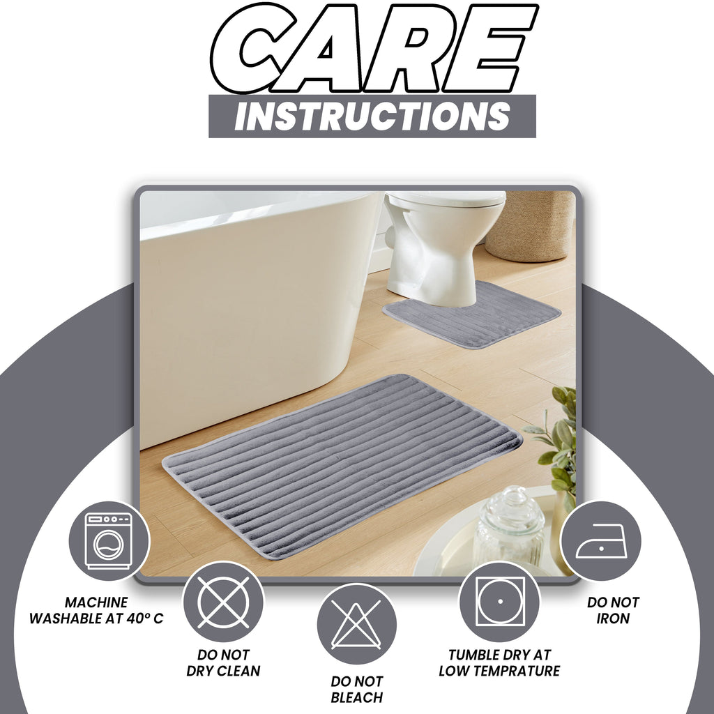 OLIVIA ROCCO 2 Piece Ribbed Bath Mat Set Charcoal Extra Soft Non Slip Super Absorbent Easy Care Rug For Bathroom And Toilet