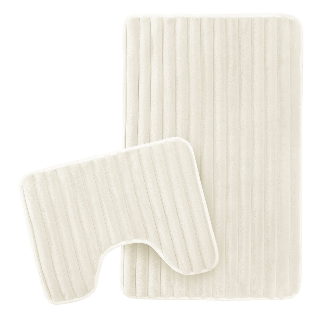 OLIVIA ROCCO 2 Piece Ribbed Bath Mat Set Cream Extra Soft Non Slip Super Absorbent Easy Care Bathroom And Toilet Mats For Home Use