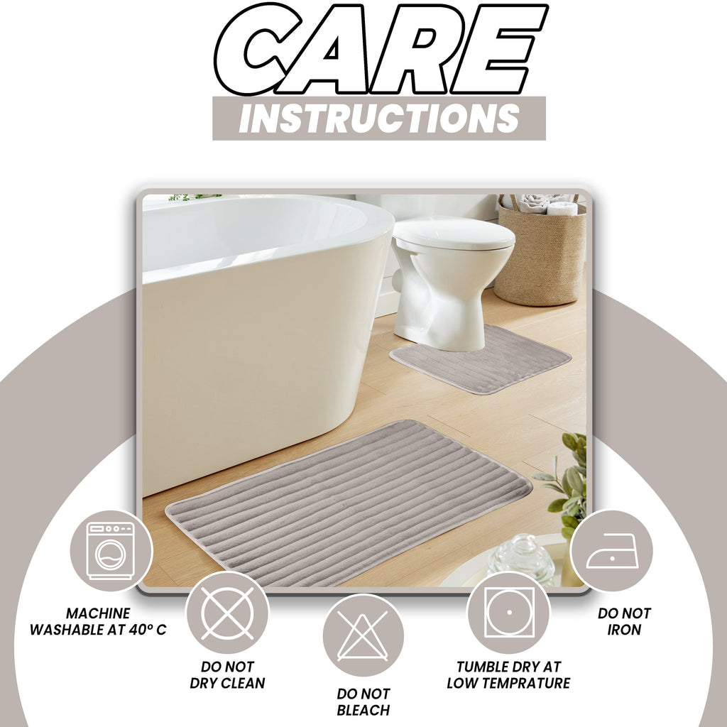 OLIVIA ROCCO 2 Piece Ribbed Bath Mat Set Natural Extra Soft Non Slip Super Absorbent Easy Care Polyester Bathroom Mats Machine Washable
