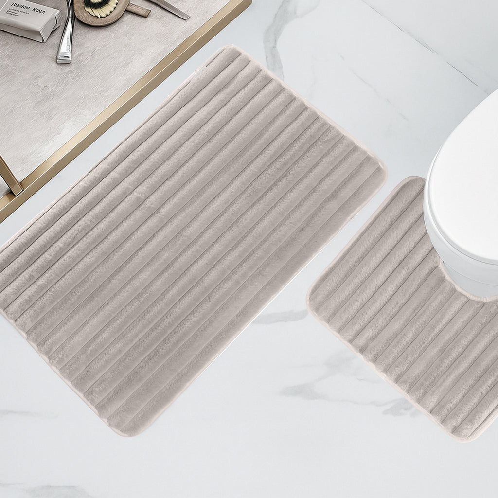 OLIVIA ROCCO 2 Piece Ribbed Bath Mat Set Natural Extra Soft Non Slip Super Absorbent Easy Care Polyester Bathroom Mats Machine Washable