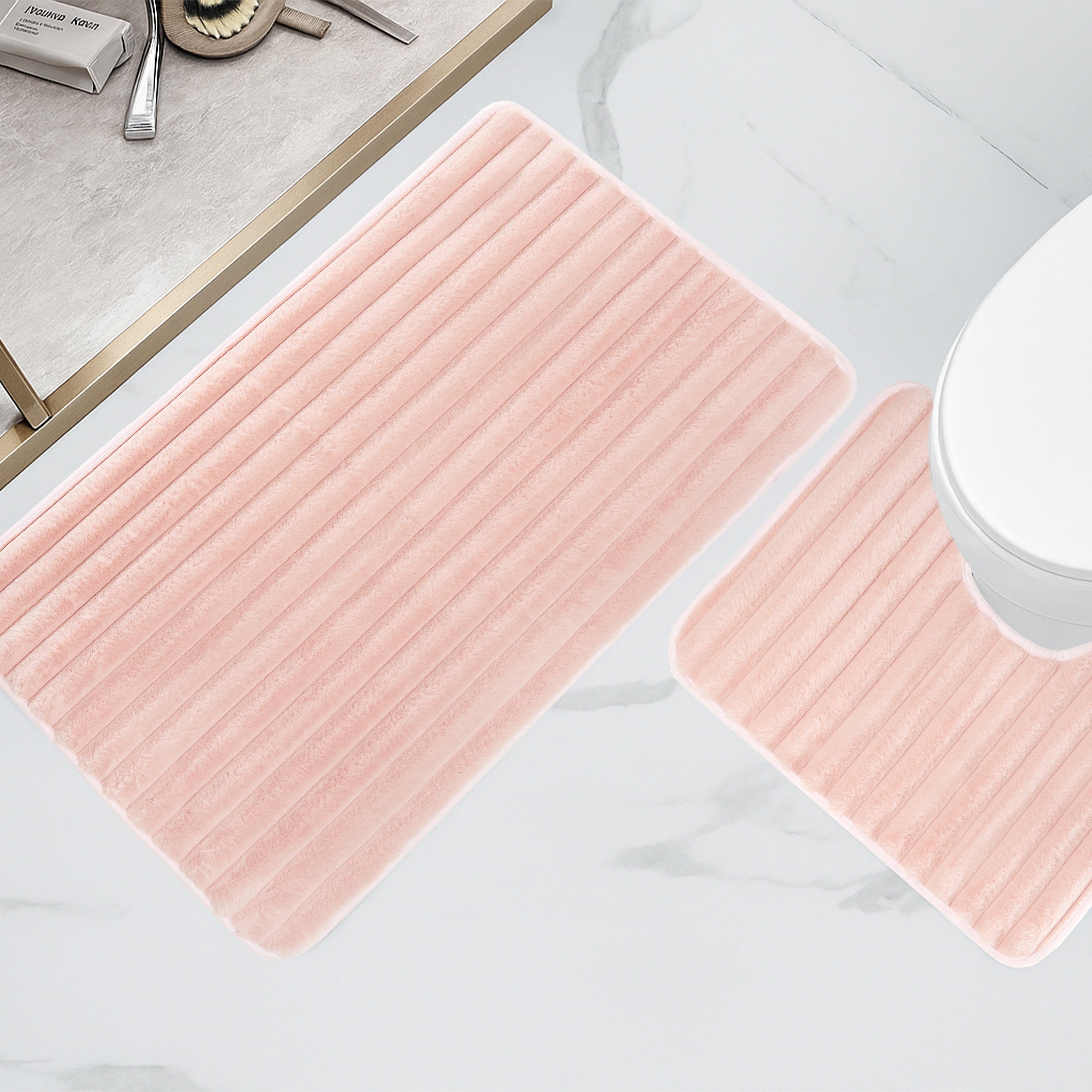 OLIVIA ROCCO 2 Piece Ribbed Bath Mat Set Pink Extra Soft Non Slip Super Absorbent Machine Washable Easy Care Bathroom Toilet Mats