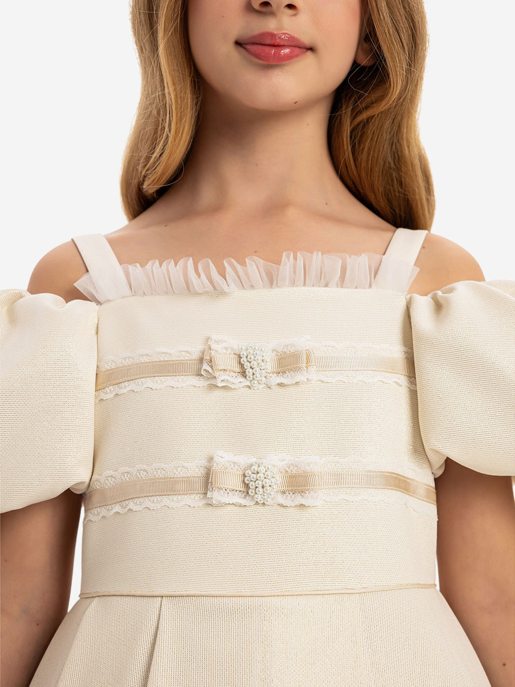 Dress & Fleur Girls Puff Sleeve Dress with Bag in Beige