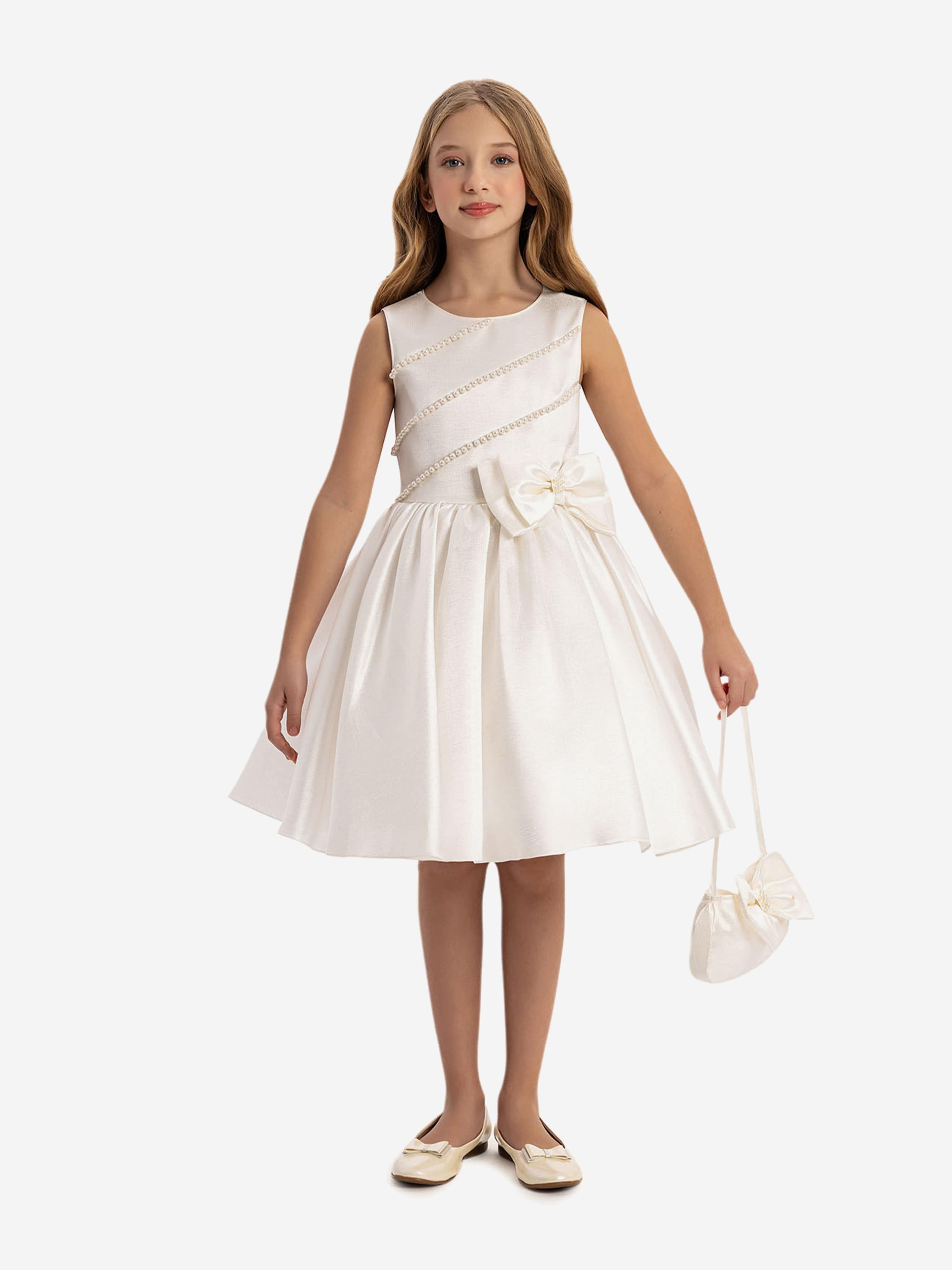 Dress & Fleur Girls Satin Dress with Matching Bag in White