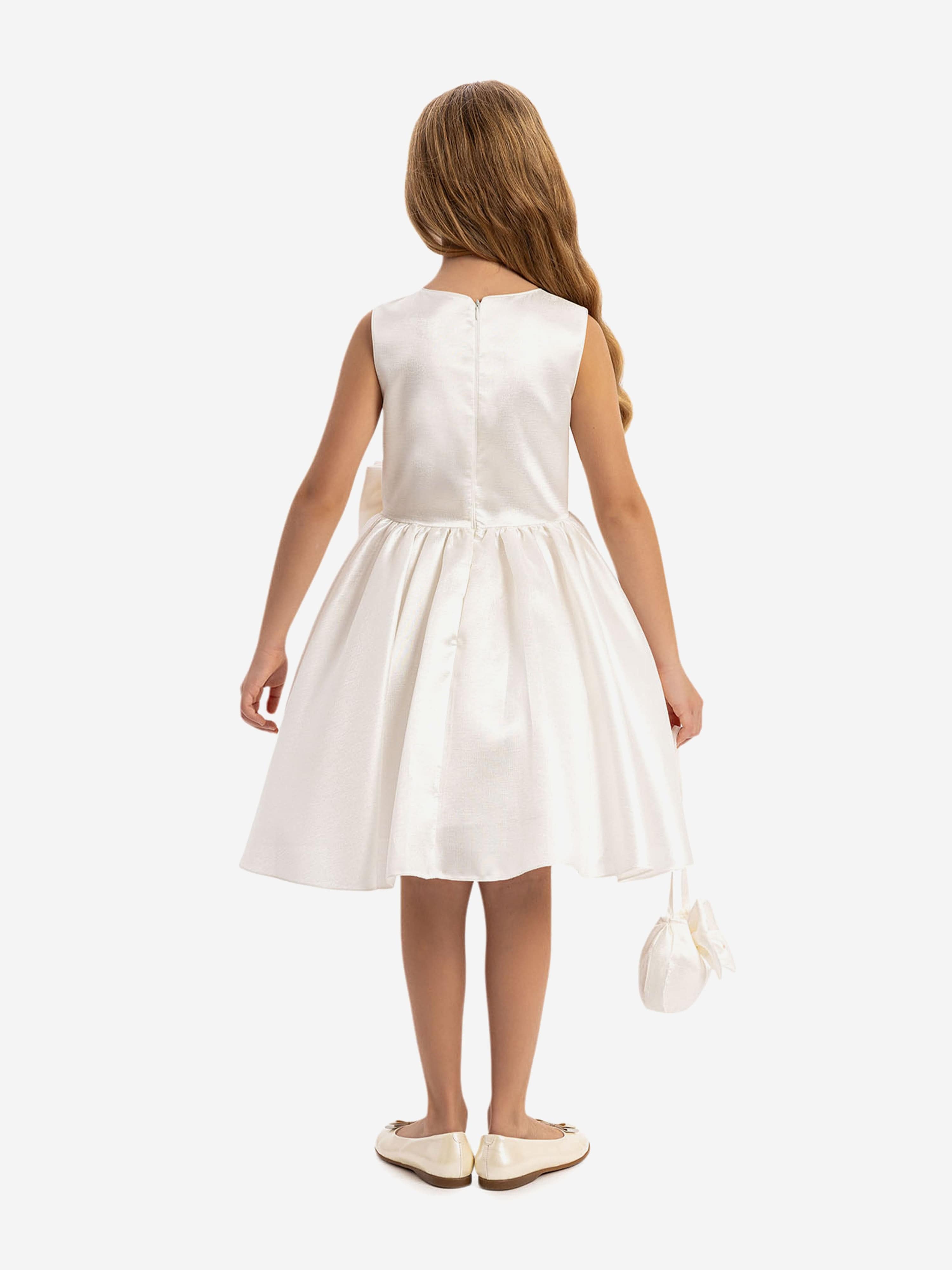 Dress & Fleur Girls Satin Dress with Matching Bag in White