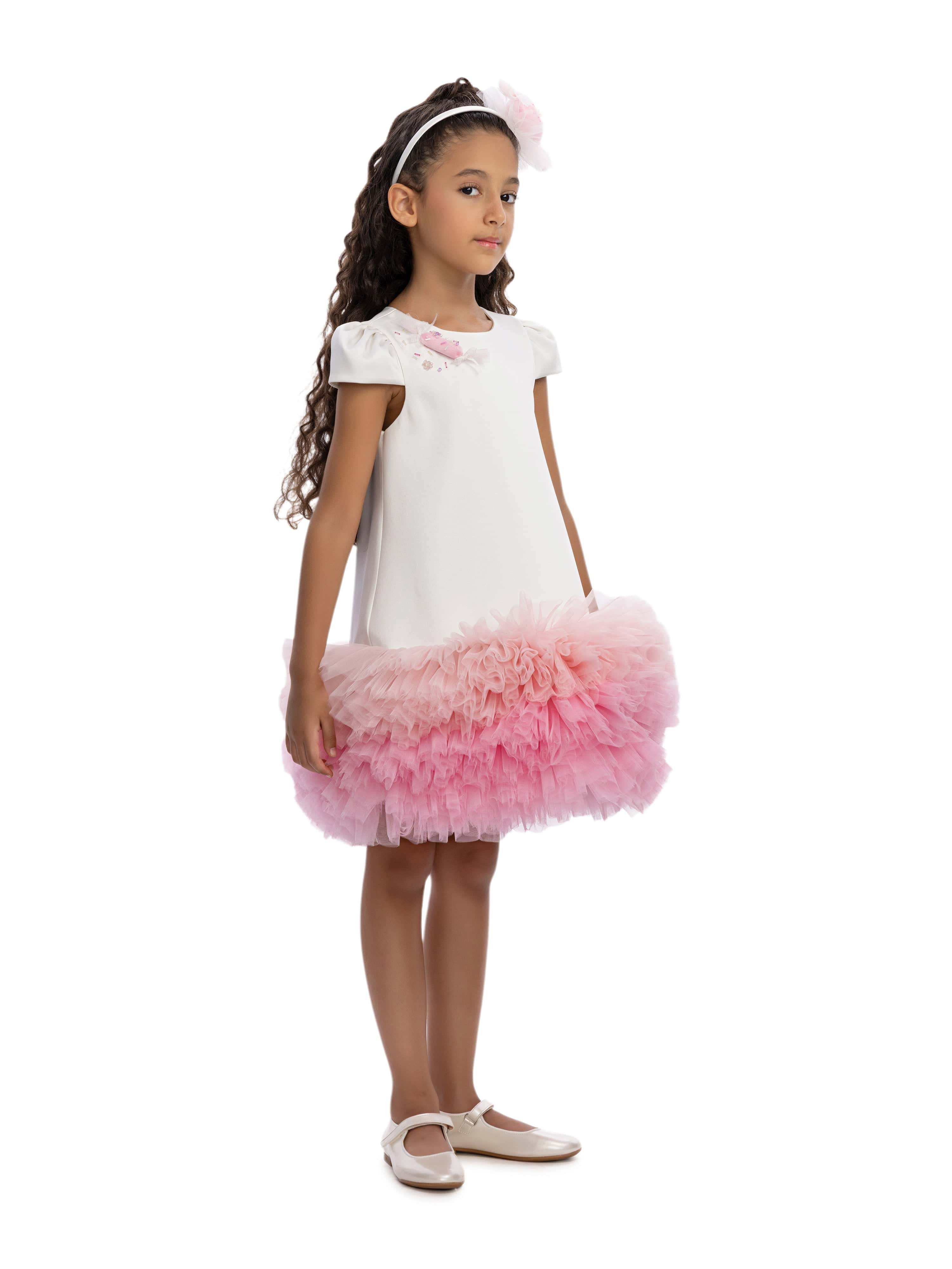 Dress & Fleur Girls Tulle Trim Occasion Dress in Ivory