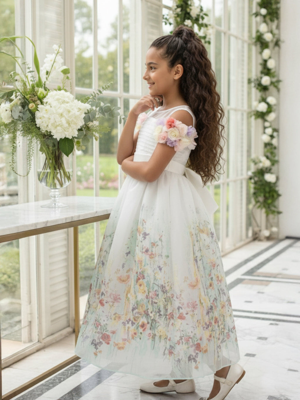 Dress & Fleur Girls Floral Occasion Dress in Ivory