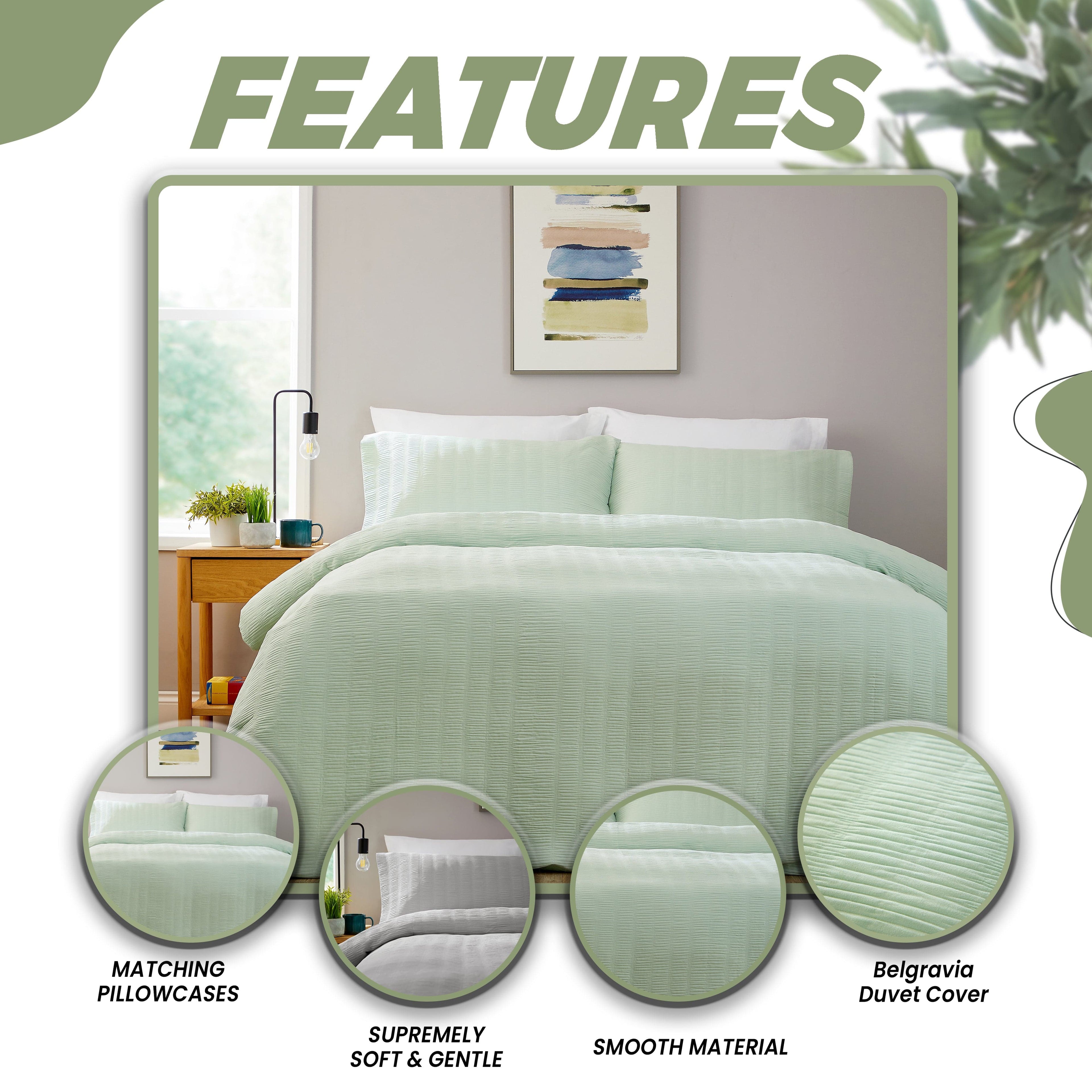 OLIVIA ROCCO Belgravia Sage Green Microfibre Duvet Cover Set With Pillowcases Soft Easy Care Machine Washable Modern Quilt Bedding