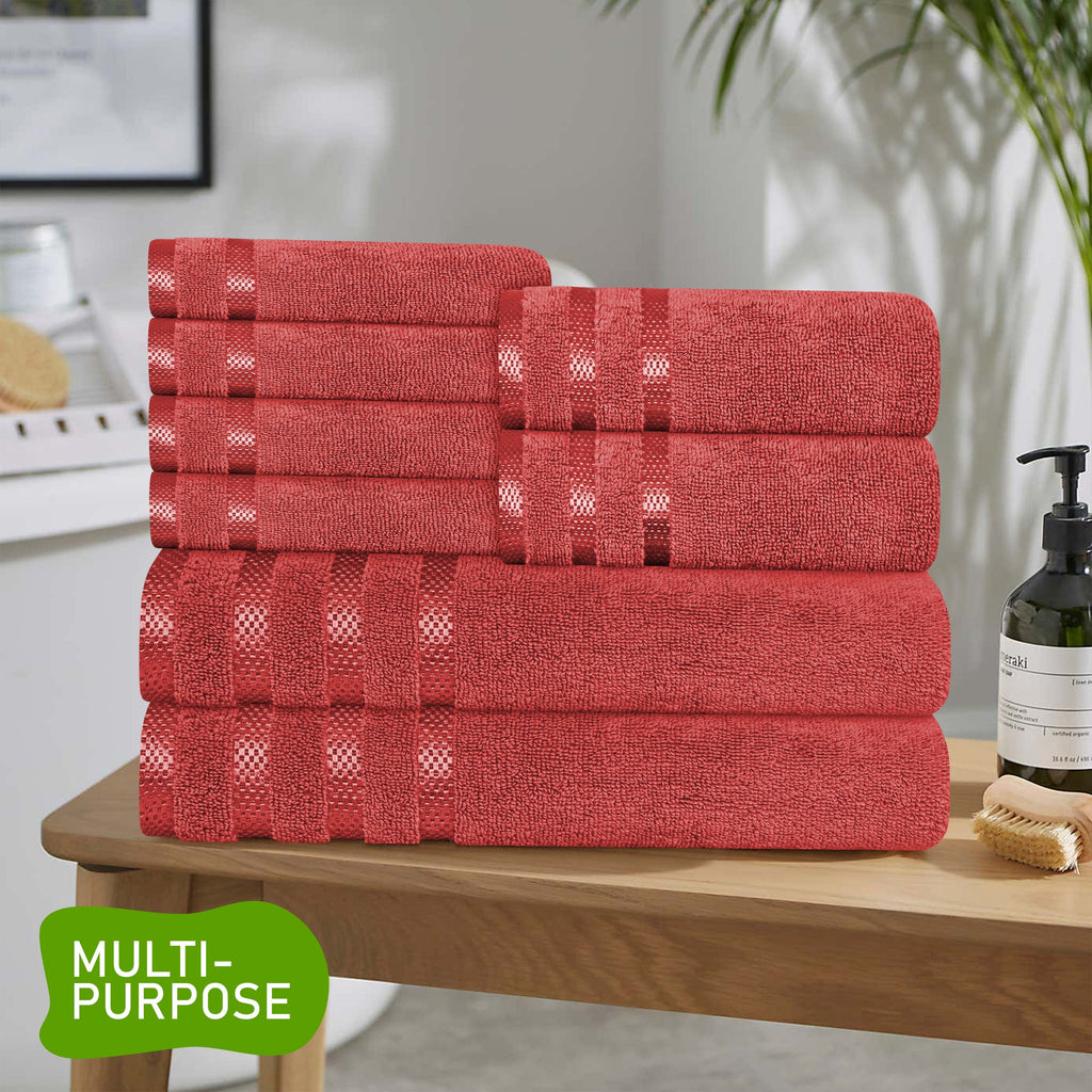 OLIVIA ROCCO Belmont Viscose Stripe Red Towels 100 Percent Cotton Hotel Quality Super Absorbent 10 Piece Bale Set 4 Hand Towel And 12 Face Cloths