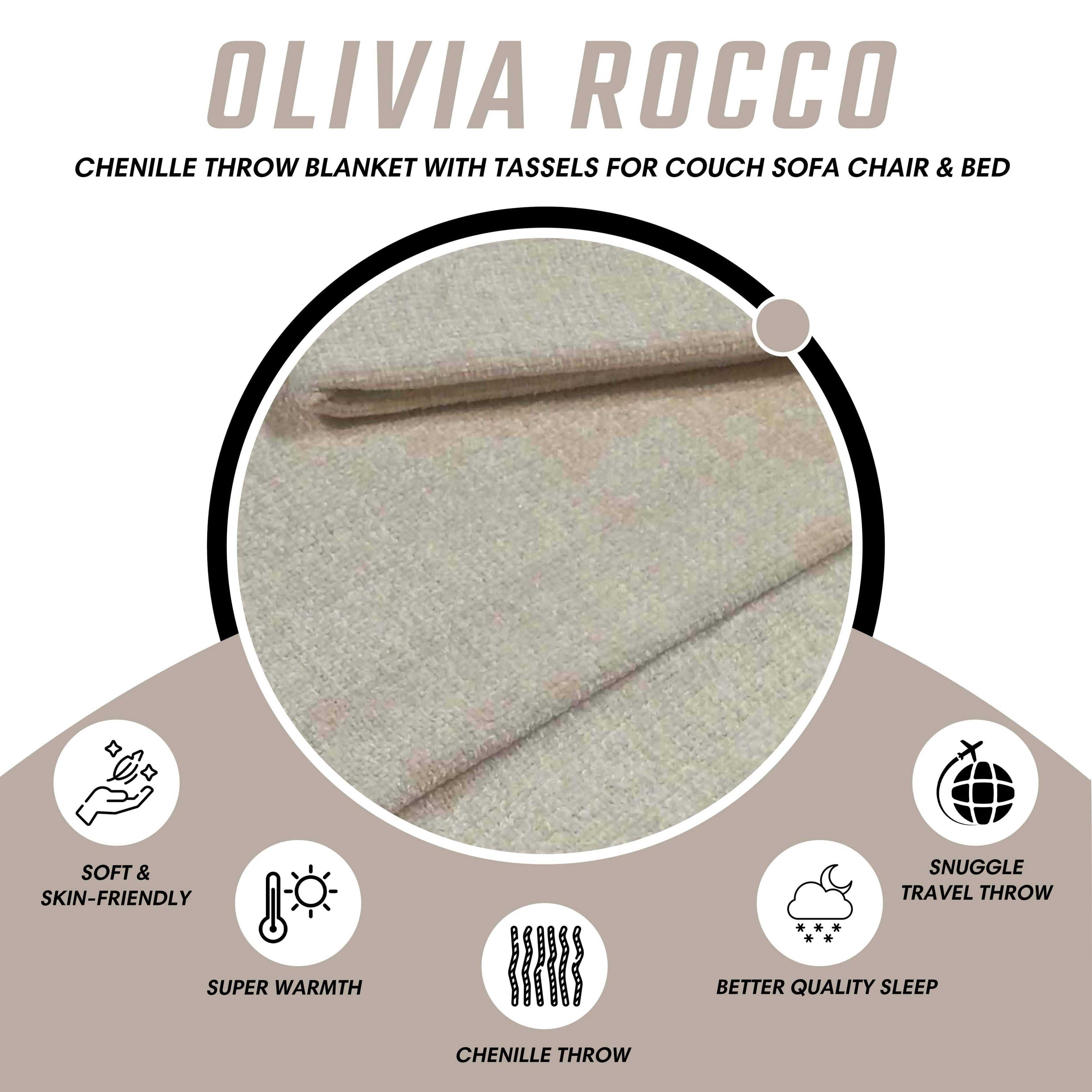 OLIVIA ROCCO Chenille Tassel Throw Blanket for Couch Sofa Chair Bed All-Season Soft Luxury Home Decor and Cozy Comfort Everyday