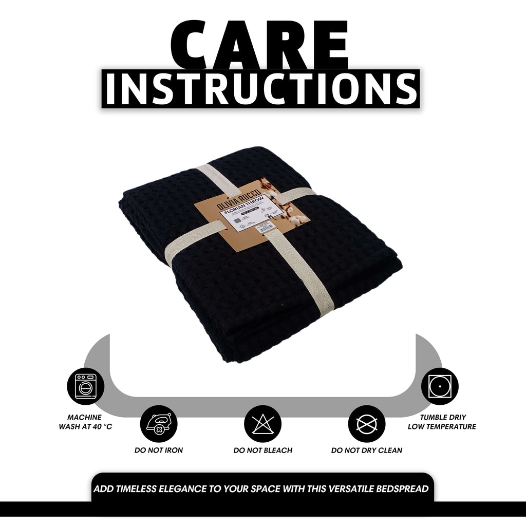 OLIVIA ROCCO Florian Checked Throw Blanket 100 Percent Cotton Black Bedspread For Sofas Armchairs Settees Couches And Beds