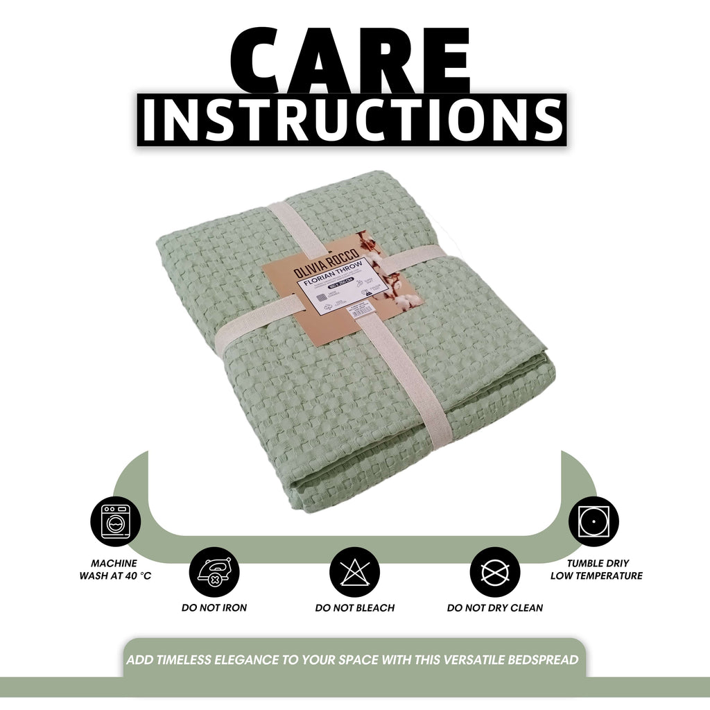 OLIVIA ROCCO Florian Checked Throw Blanket Sage Green 100 Percent Cotton Bedspread For Sofas Armchairs Settee Couch Living Room Decor