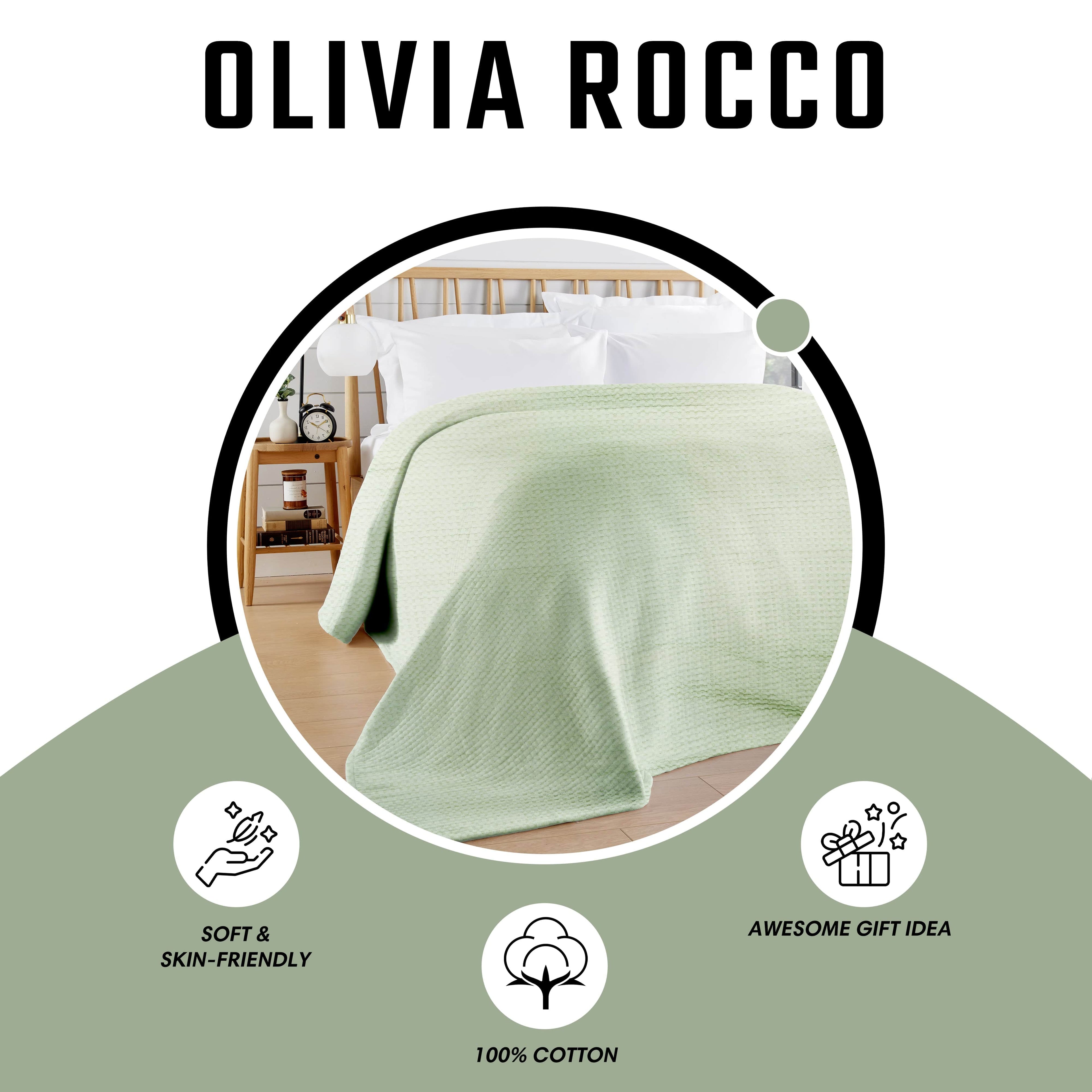 OLIVIA ROCCO Florian Checked Throw Blanket Sage Green 100 Percent Cotton Bedspread For Sofas Armchairs Settee Couch Living Room Decor
