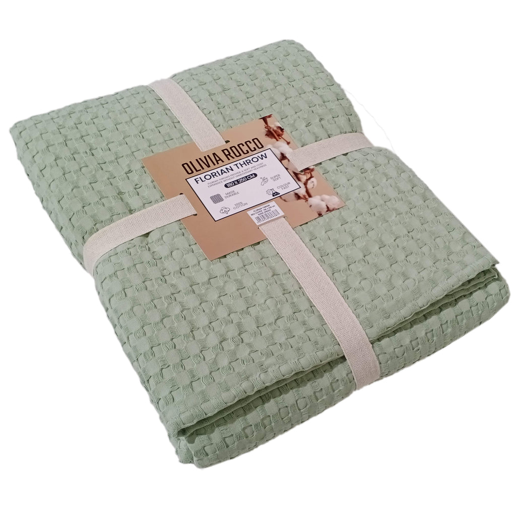 OLIVIA ROCCO Florian Checked Throw Blanket Sage Green 100 Percent Cotton Bedspread For Sofas Armchairs Settee Couch Living Room Decor
