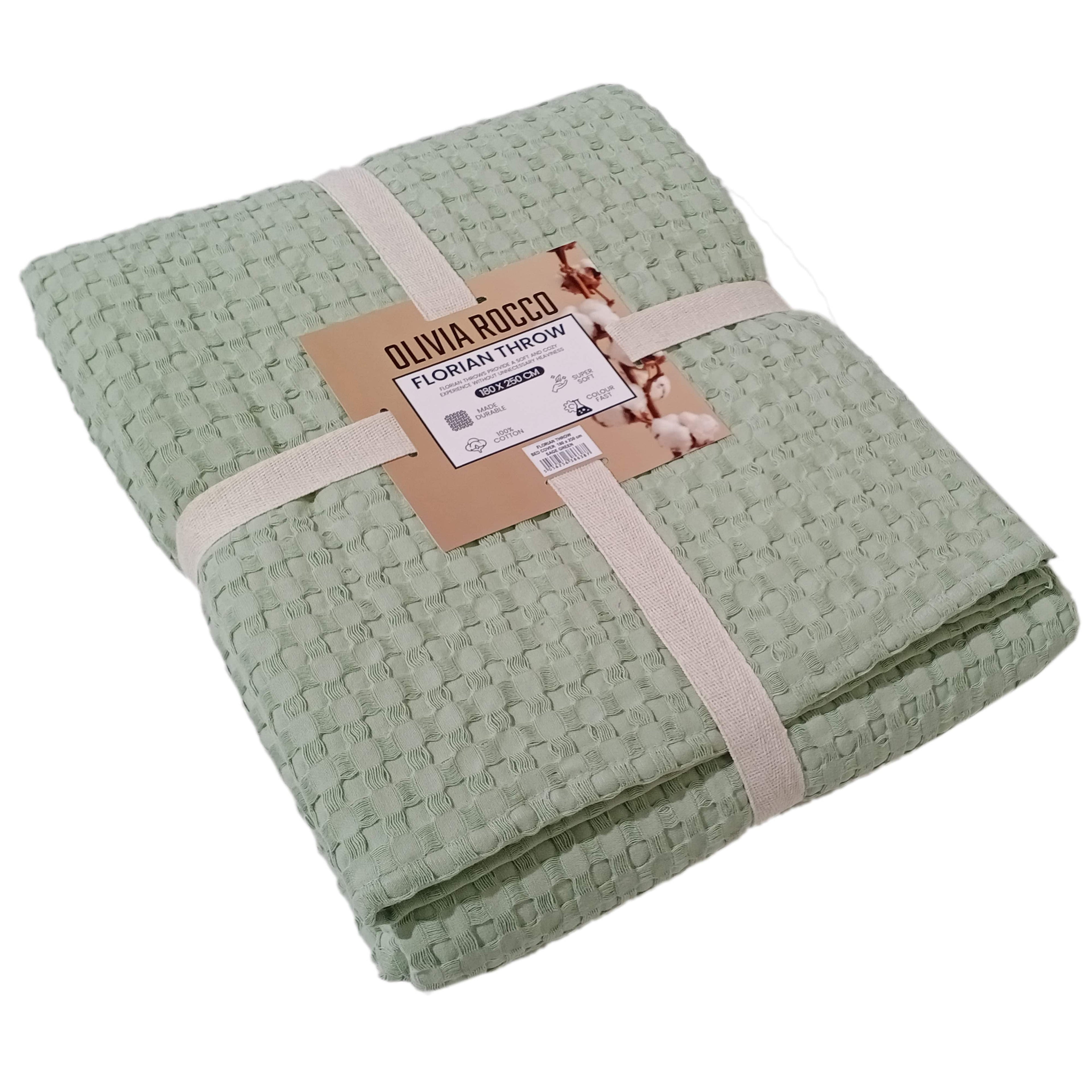 OLIVIA ROCCO Florian Checked Throw Blanket Sage Green 100 Percent Cotton Bedspread For Sofas Armchairs Settee Couch Living Room Decor