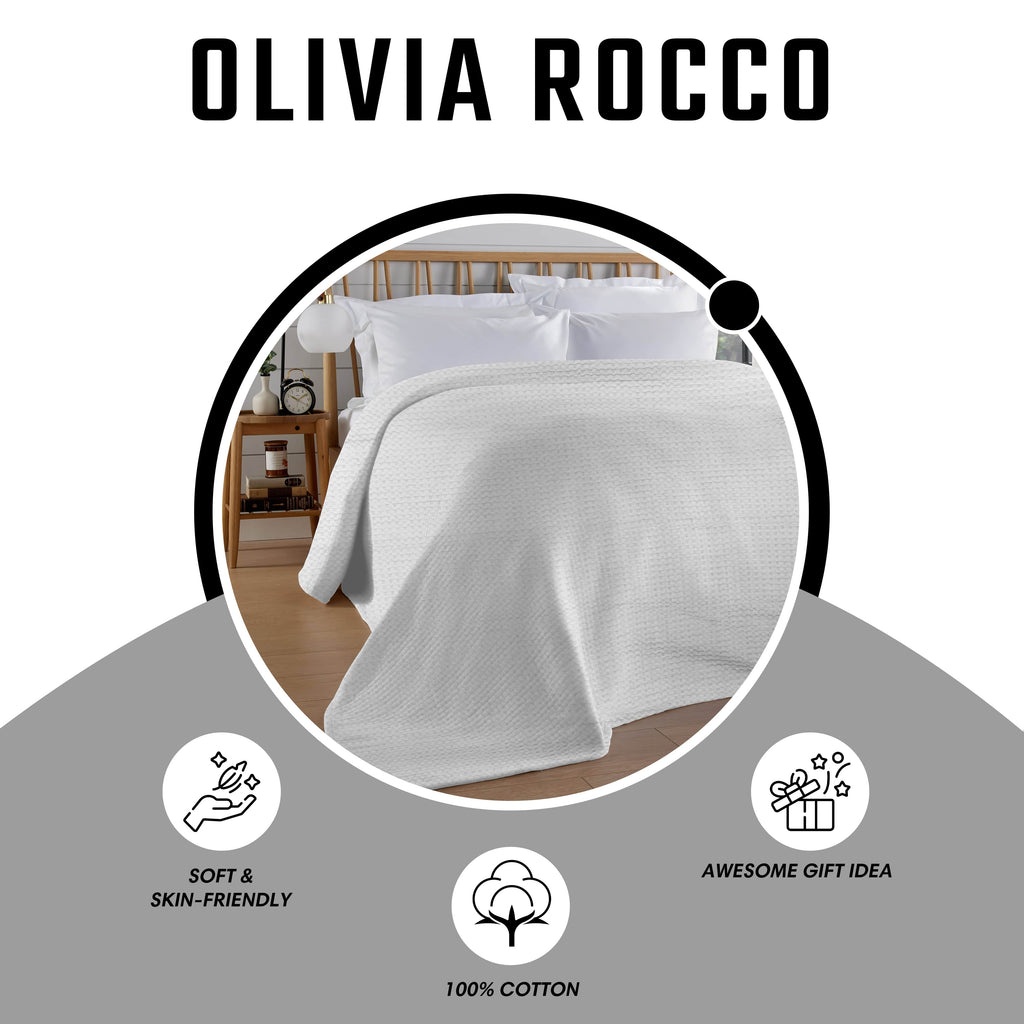 OLIVIA ROCCO Florian Checked Throw Blanket White 100 Percent Cotton Bedspread For Sofas Armchairs Settees Couches Beds Decor