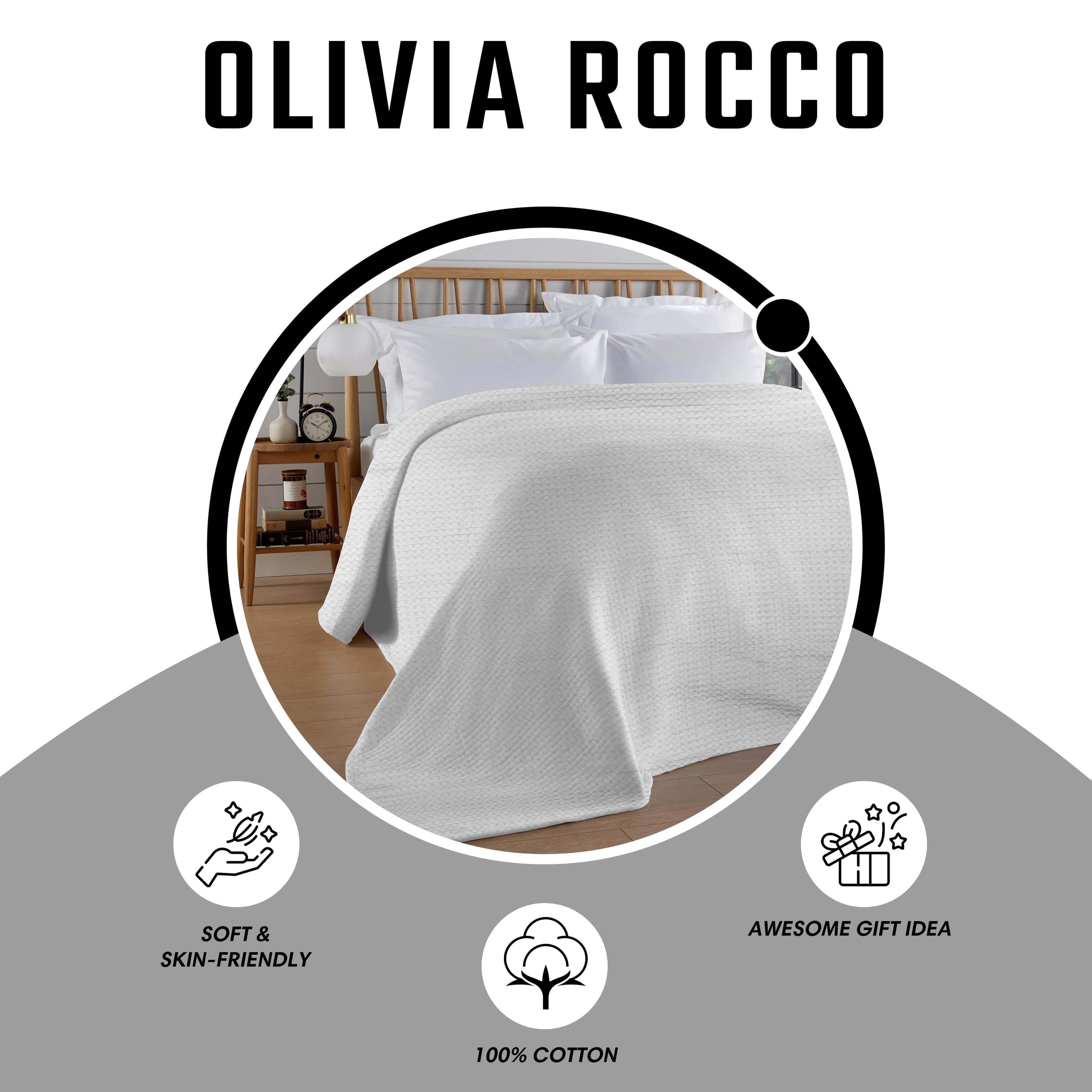 OLIVIA ROCCO Florian Checked Throw Blanket White 100 Percent Cotton Bedspread For Sofas Armchairs Settees Couches Beds Decor