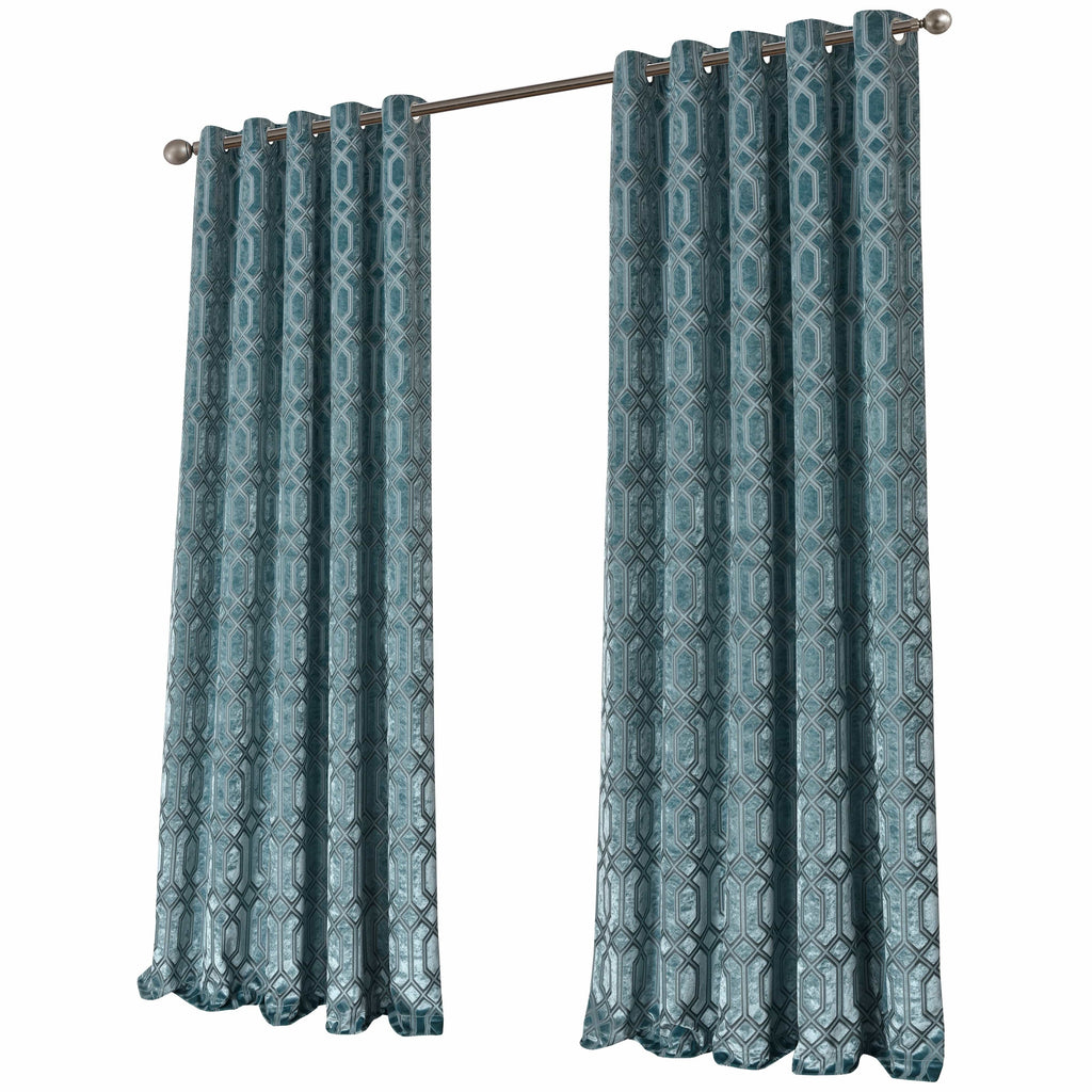 OLIVIA ROCCO Luxe Geo Velvet Eyelet Curtains Teal Thermal Insulated Soundproof Light Blocking Drapes for Bedroom and Lounge