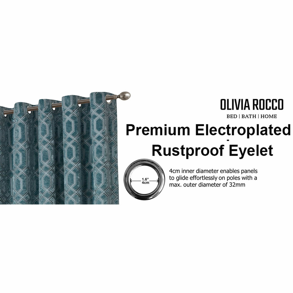 OLIVIA ROCCO Luxe Geo Velvet Eyelet Curtains Teal Thermal Insulated Soundproof Light Blocking Drapes for Bedroom and Lounge
