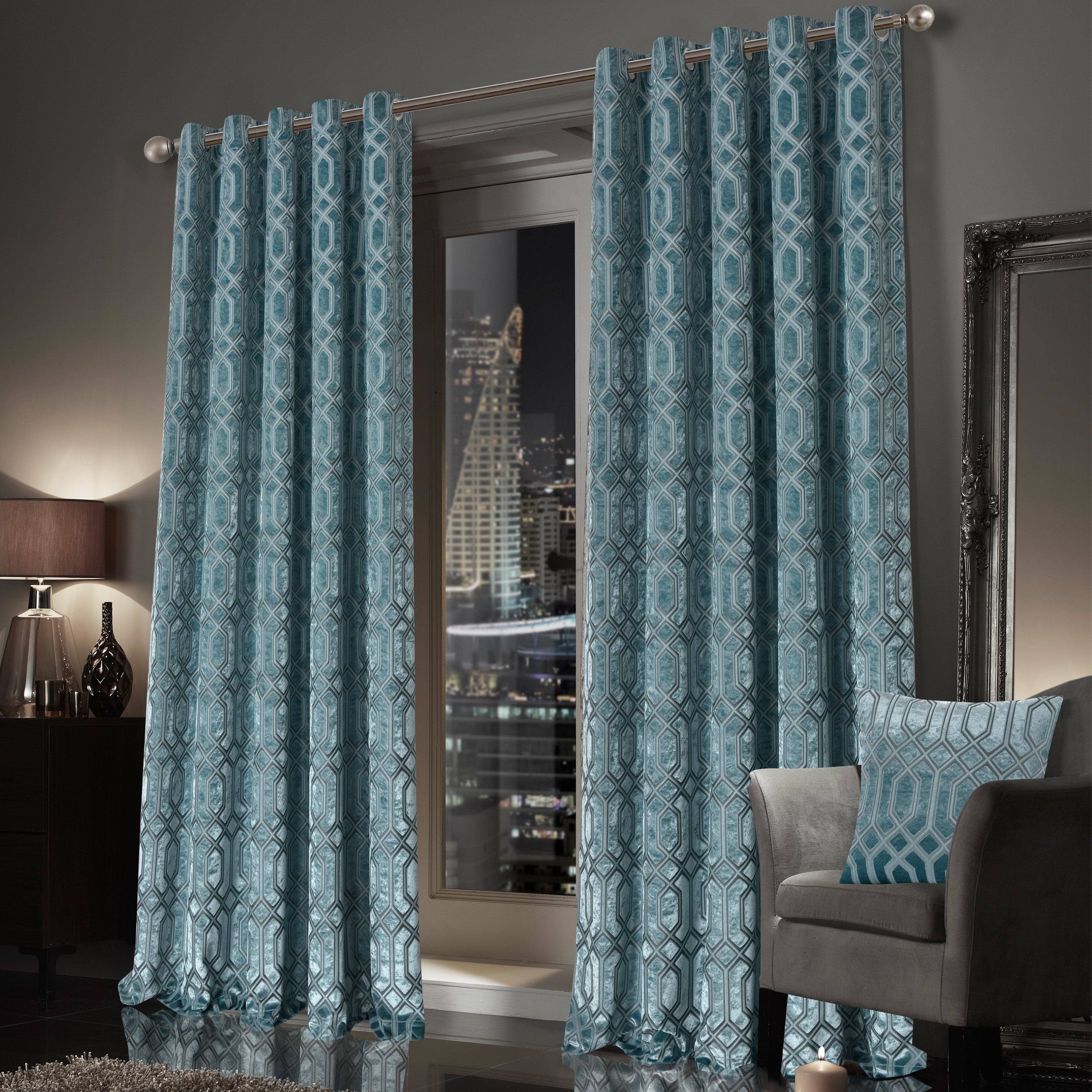 OLIVIA ROCCO Luxe Geo Velvet Eyelet Curtains Teal Thermal Insulated Soundproof Light Blocking Drapes for Bedroom and Lounge