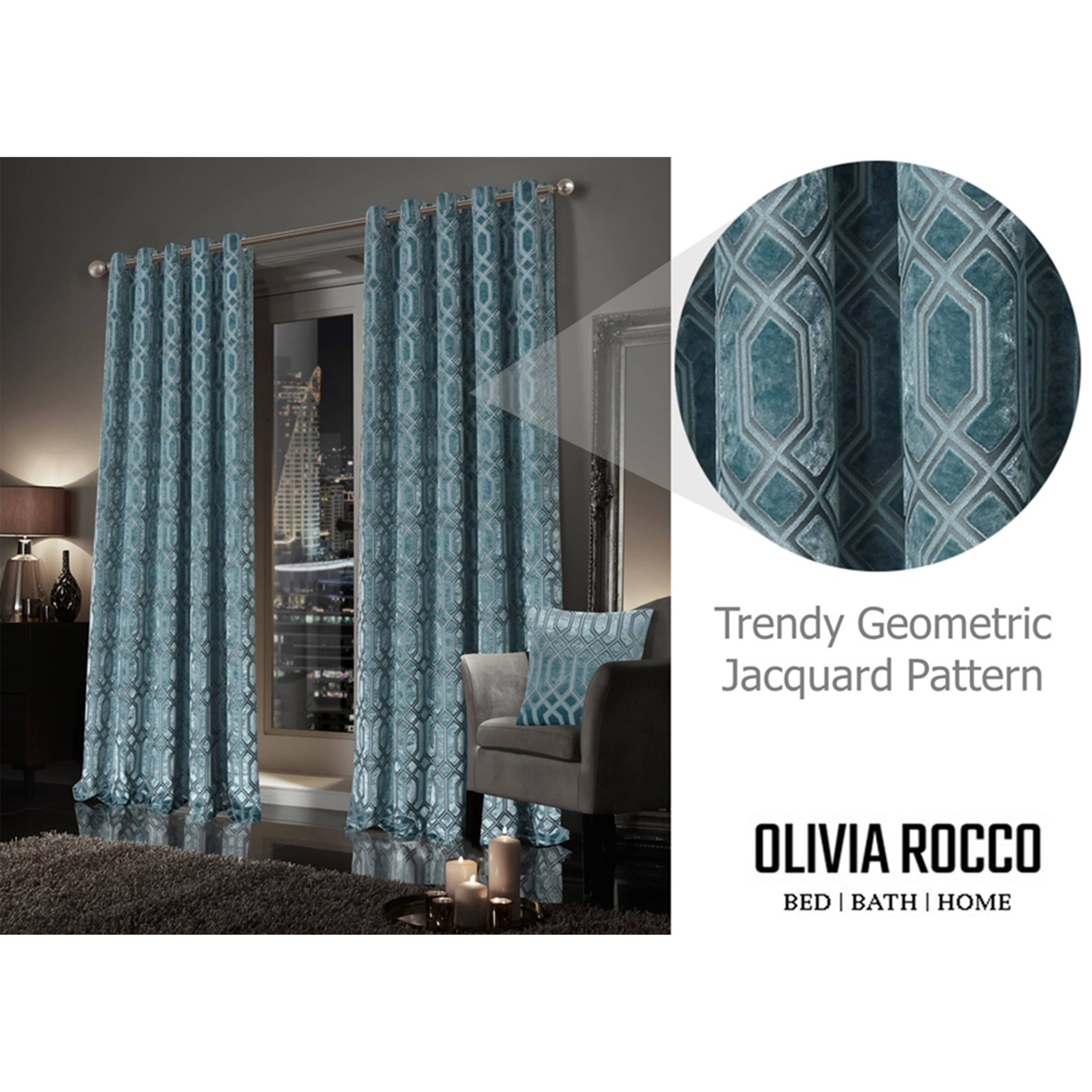 OLIVIA ROCCO Luxe Geo Velvet Eyelet Curtains Teal Thermal Insulated Soundproof Light Blocking Drapes for Bedroom and Lounge