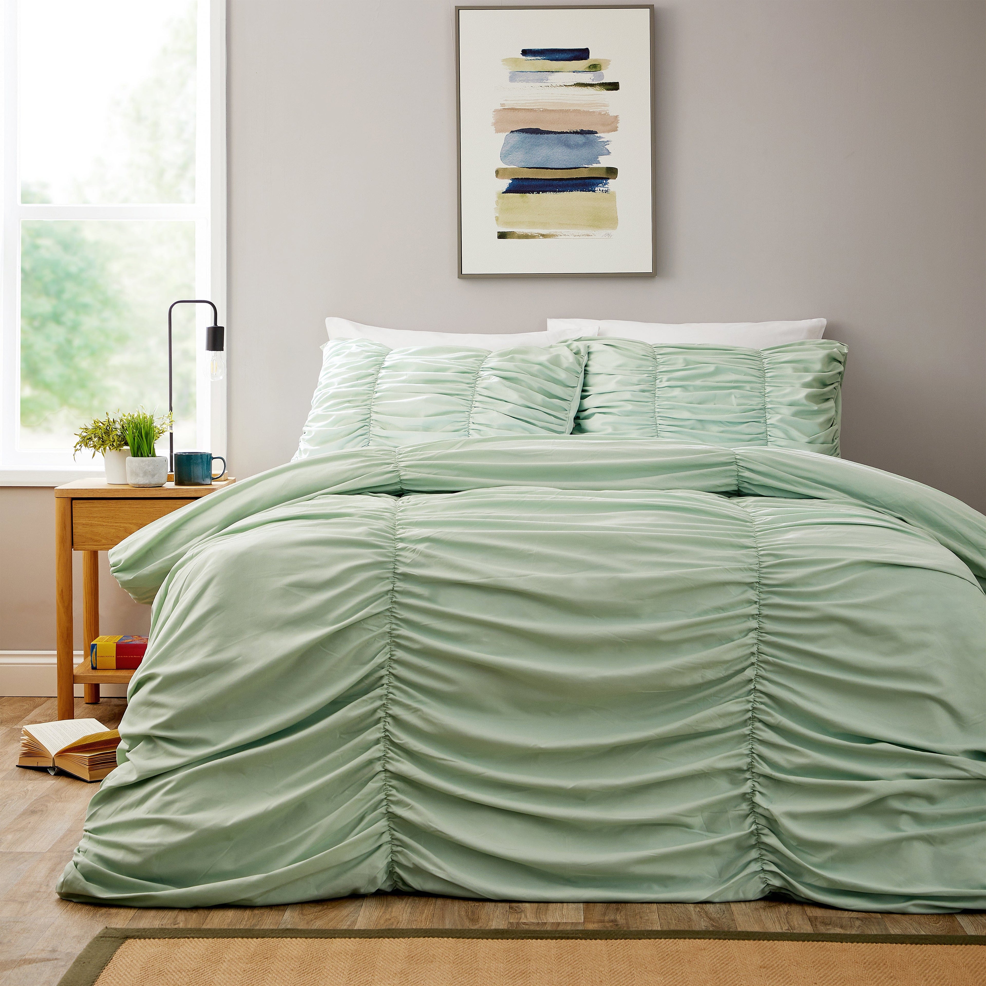 OLIVIA ROCCO Ruched Sage Green Microfibre Duvet Cover Set With Pillowcases, Ruffle Bedding, Easy Care, Durable Microfibre Comfort