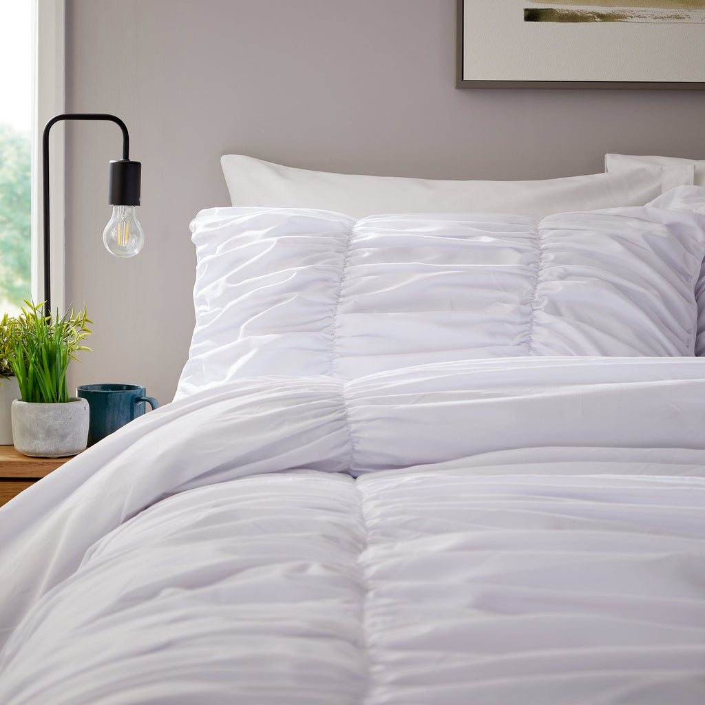 OLIVIA ROCCO Ruched White Microfibre Duvet Cover Set With Pillowcases Ruffle Bedding For Modern Bedrooms Soft Easy Care