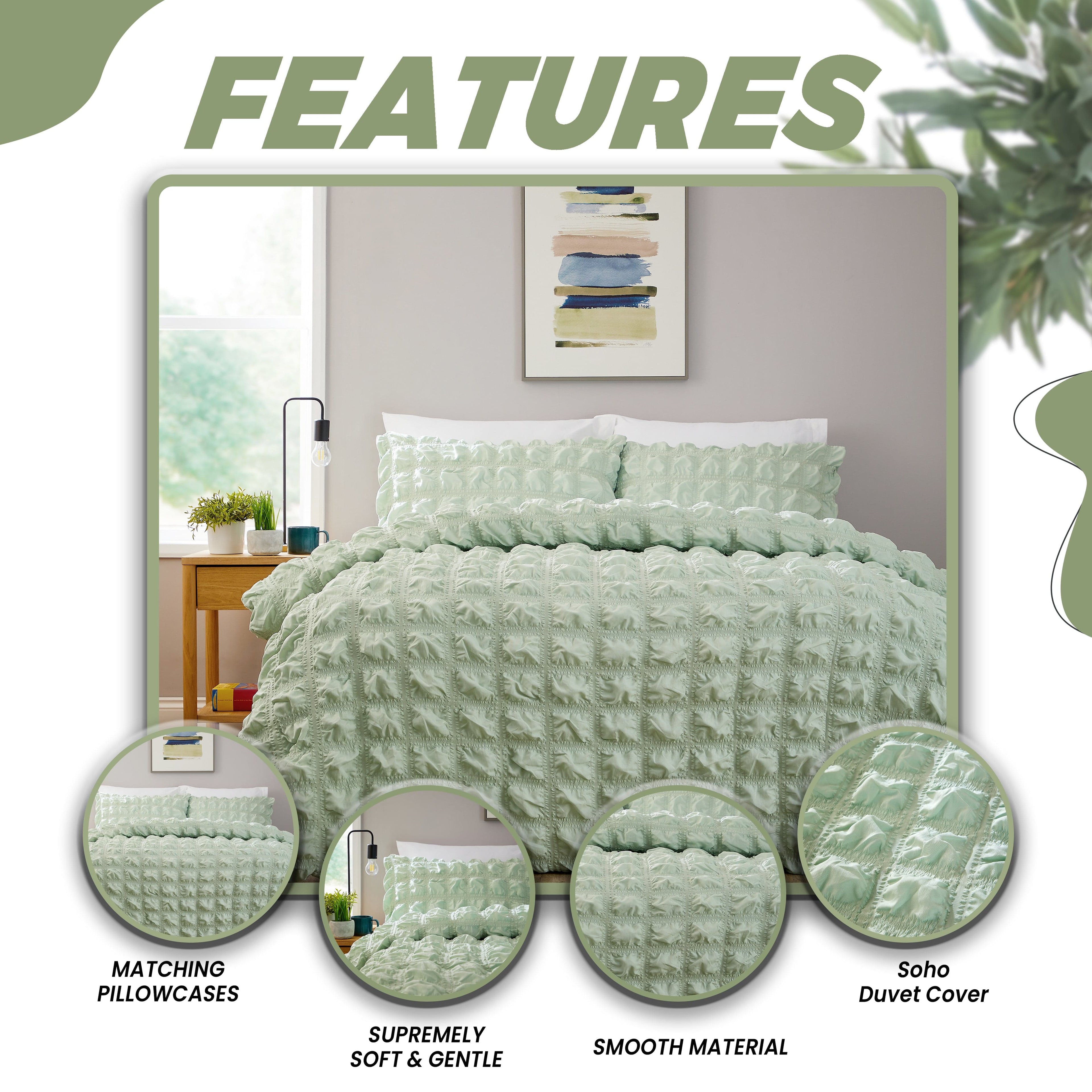 OLIVIA ROCCO Soho Sage Green Microfibre Duvet Cover Set With Pillowcases Quilted Easy Care Bedding Machine Washable