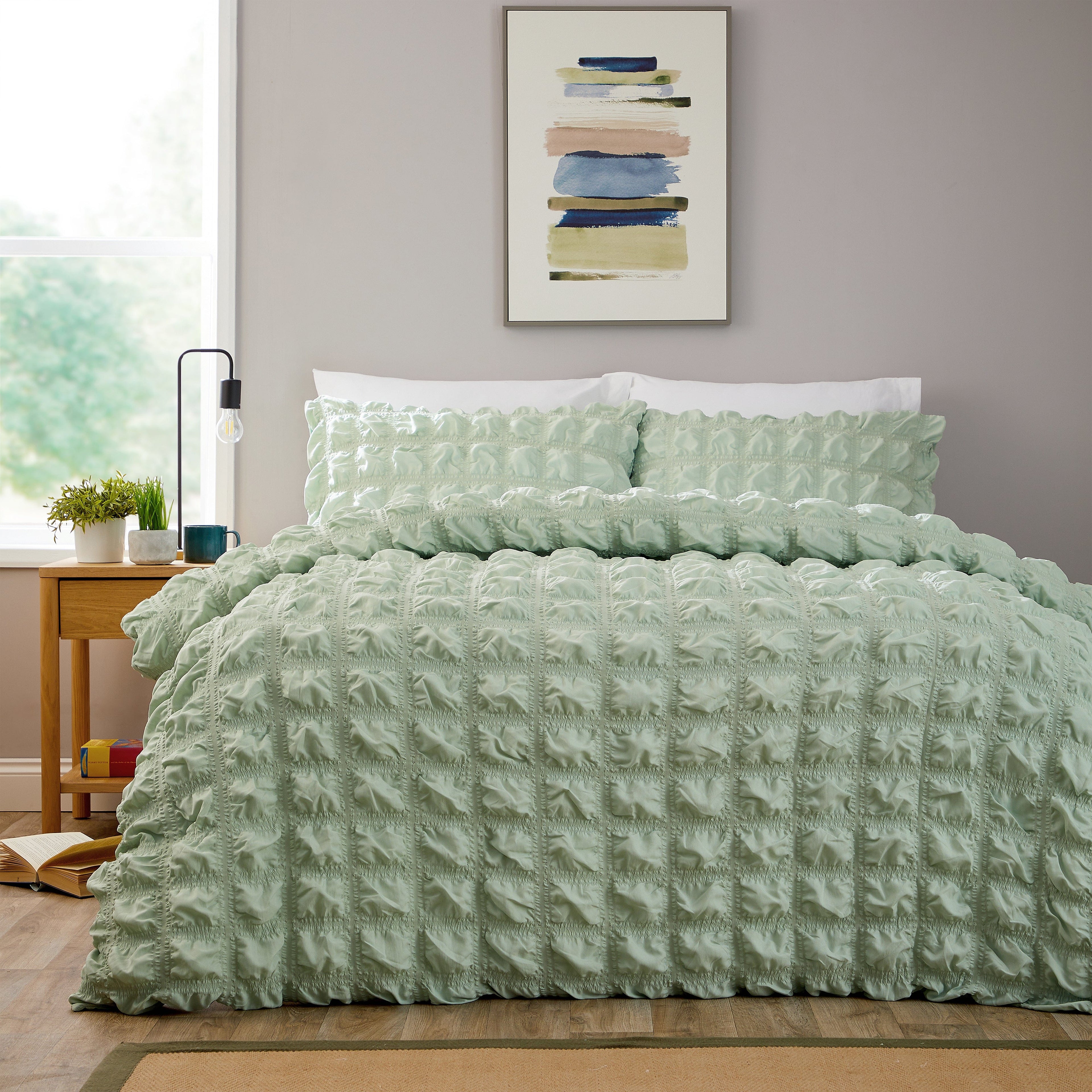 OLIVIA ROCCO Soho Sage Green Microfibre Duvet Cover Set With Pillowcases Quilted Easy Care Bedding Machine Washable