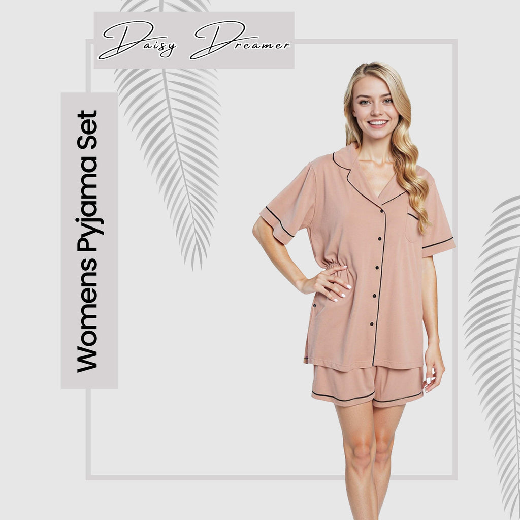 OLIVIA ROCCO Women's Natural Short Pyjama Set Button Up Top And Shorts With Pockets Sleepwear Everyday Comfort Lounge Set