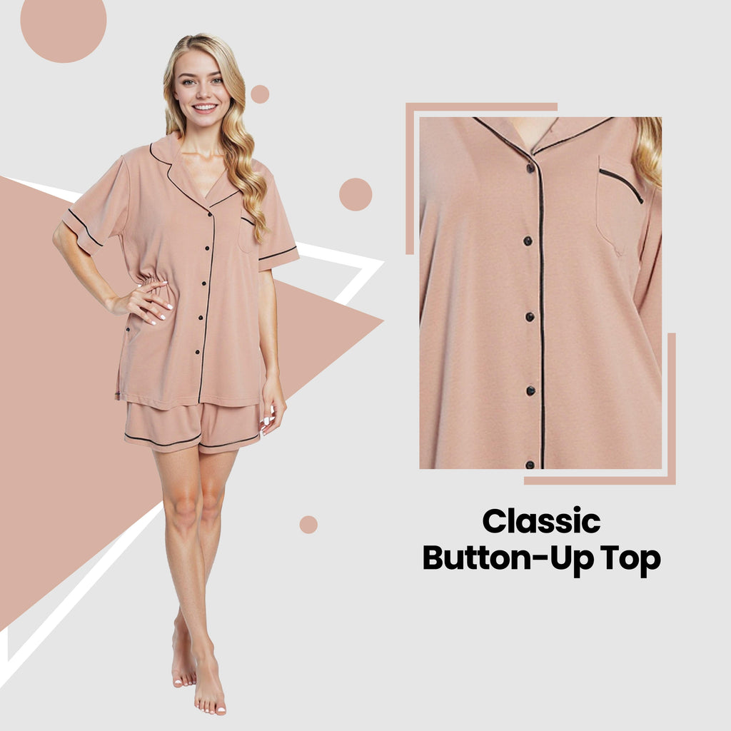 OLIVIA ROCCO Women's Natural Short Pyjama Set Button Up Top And Shorts With Pockets Sleepwear Everyday Comfort Lounge Set
