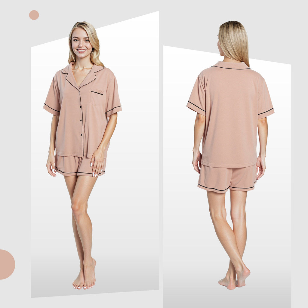 OLIVIA ROCCO Women's Natural Short Pyjama Set Button Up Top And Shorts With Pockets Sleepwear Everyday Comfort Lounge Set