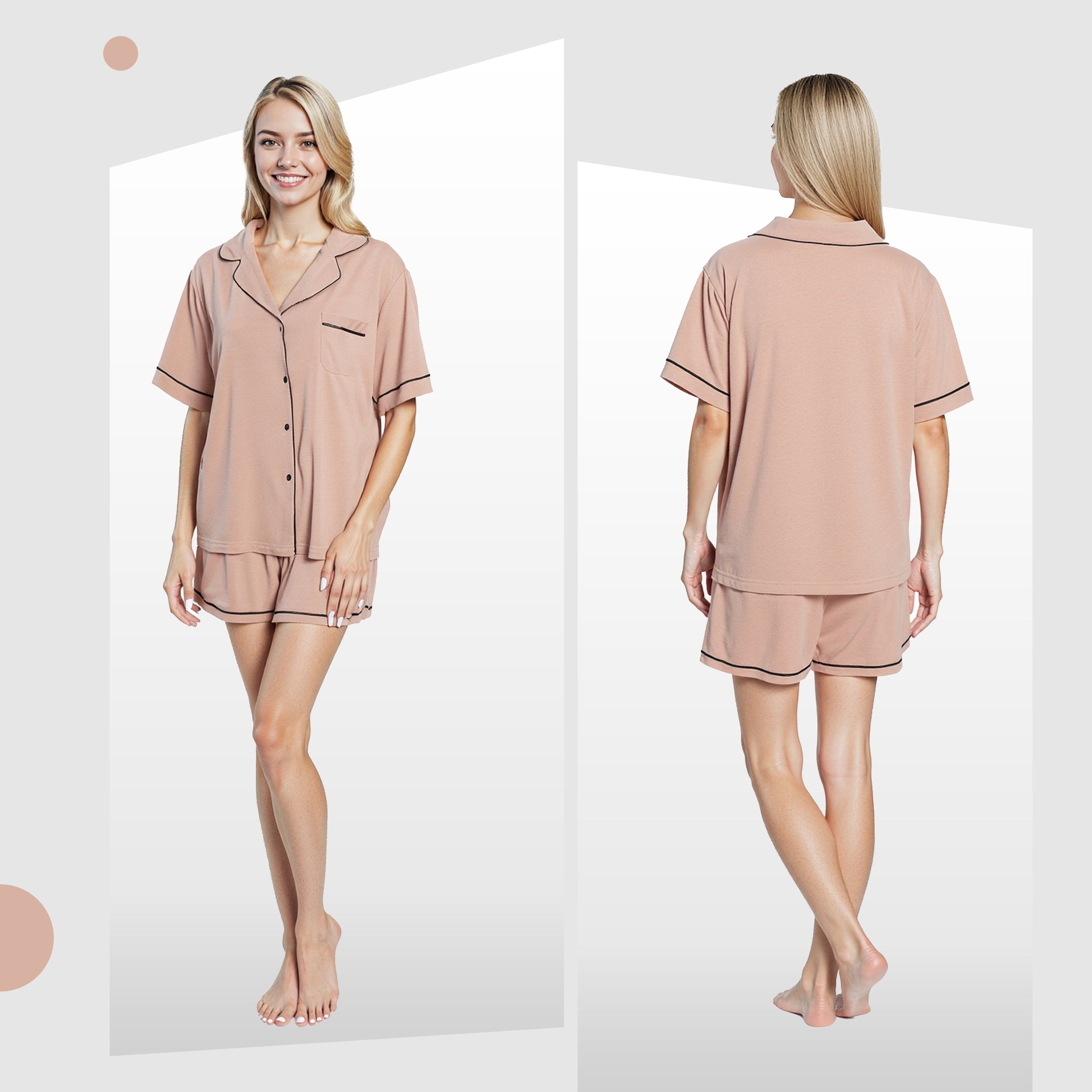 OLIVIA ROCCO Women's Natural Short Pyjama Set Button Up Top And Shorts With Pockets Sleepwear Everyday Comfort Lounge Set